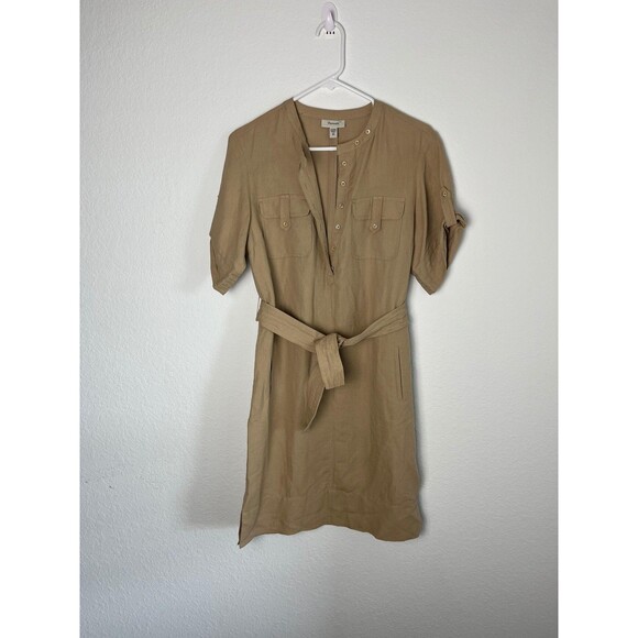 Faconnable Dress Womens XS Beige Belted Utility Shirt Linen Blend Pockets Safari - Picture 1 of 6